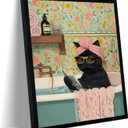 Framed Vintage Cat Canvas Wall Art, Funny Pink Animal Reading Books Painting Picture Print, Cute Kitten Lovers Aesthetic Wall Decor for Nursery Girls Room Bedroom Kids Room 10''L x 8''W
