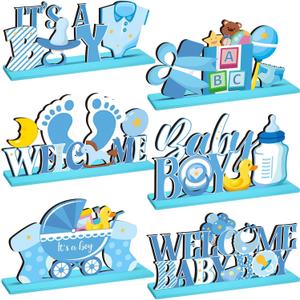 6 Pcs Blue Baby Shower Wooden Table Centerpieces It's a Boy Baby Shower Decorations Welcome Boy Gender Reveal Party Table Topper Decorations for Newborn Birthday Photo Props