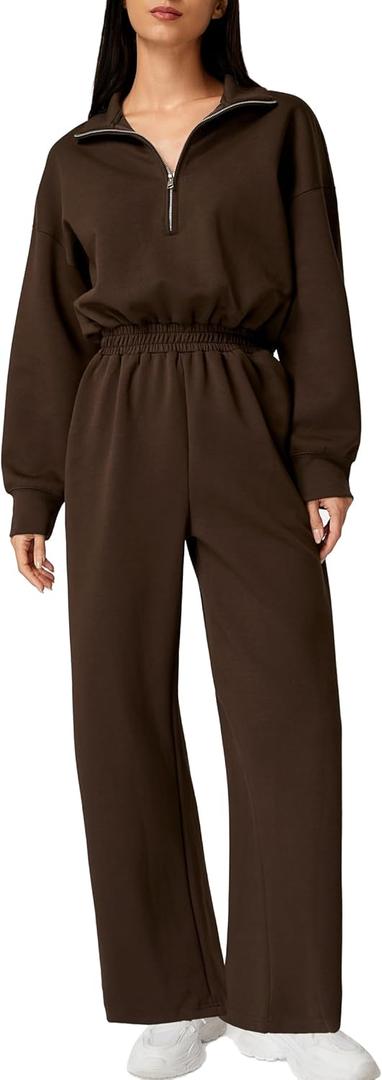 QINSEN Women's AirCotton Long-Sleeve Half-Zip High Waisted Wide Leg Jumpsuit with Peckets (Medium, Brown)