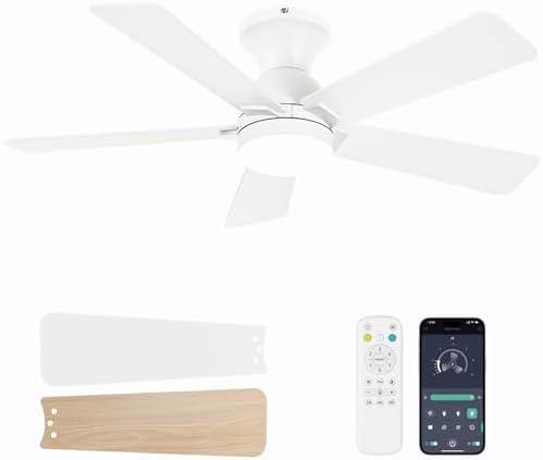 Dolavast Ceiling Fans with Lights, 42 Inch Low Profile Ceiling Fan with Light and Remote Control, Flush Mount, Reversible, 3CCT, Dimmable LED, Quiet, White Ceiling Fan for Bedroom, Kitchen