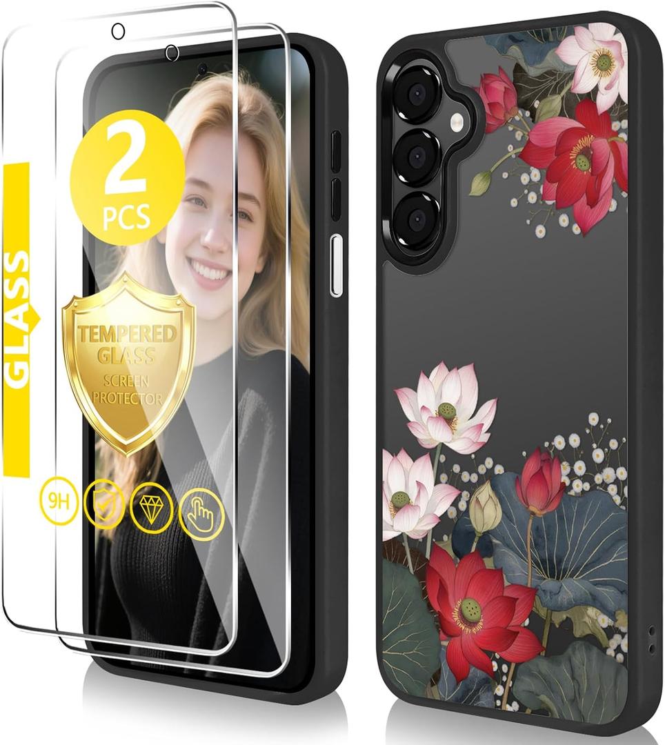 for Samsung Galaxy A16 5G Case6.7 inch with Tempered Glass Screen Protector Slim Soft TPU & Hard PC Crystal Clear Cover, Elegant Cute Floral Pattern Design for Girls Women-Lotus/Black