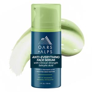 Oars + Alps Anti-Everything Face Serum for Men, Salicylic & Glycolic Acid, Reduces Acne, Fine Lines & Large Pores, Anti-Aging & Fragrance-Free, 1 Fl Oz