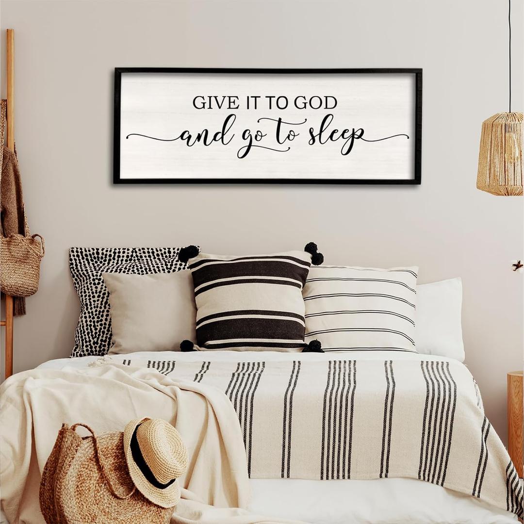 Give It To God And Go To Sleep Wall Decor 40"X15" Master Bedroom Above Bed Sign Christian Rustic Farmhouse Over Bed Large Religious Vintage Wood Framed Horizontal Catholic Wall Hanging Art (Black)