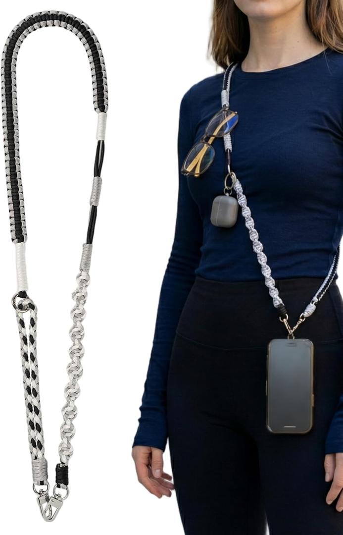 Handwoven Nylon 3-in-1 Detachable Lanyard, Crossbody/Neck/Wrist, Quick Access, Secure Clips, Multi Loops (Blackwhite)