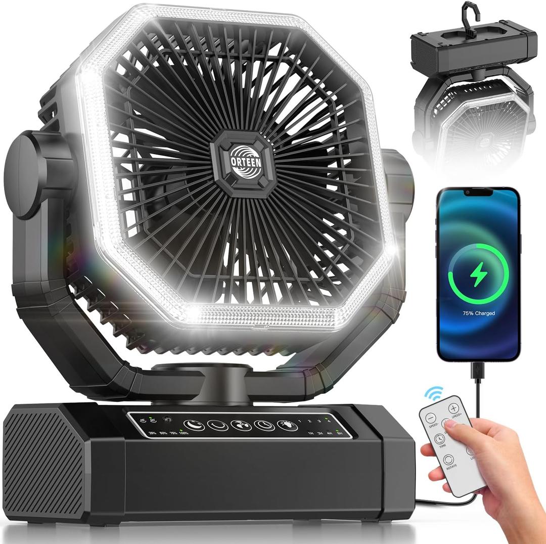 Portable Rechargeable Fan - 9-Inch Camping Fan for Tent, 20000mAh(60Hrs) Battery Operated Fan for Camping, Auto Oscillation Cordless Fans, Tent Fans with Remote/Light, 4 Speeds, 4 Timing, Outdoor