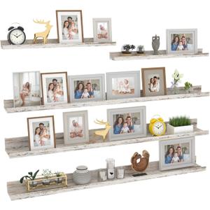 Giftgarden 47 Inch Long Floating Shelves for Wall Set of 5, Distressed White Wood Wall Shelves for Bathroom, Bedroom, Kitchen, Living Room Storage and Decoration, Rustic Wooden Picture Ledge