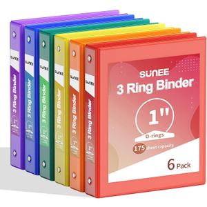 SUNEE 1 Inch Binders 3 Ring 6 Pack, Clear View Three Ring Binders PVC-Free (Fit 8.5x11 Inches) for School Binder or Office Binder Supplies, Classic 6 Colors