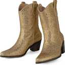 Womens Rhinestone Cowboy Boots Pointed Toe Mid Calf Boots Sparkly Block Heel Cowgirl Boots with Pull On Tabs (10, Gold)