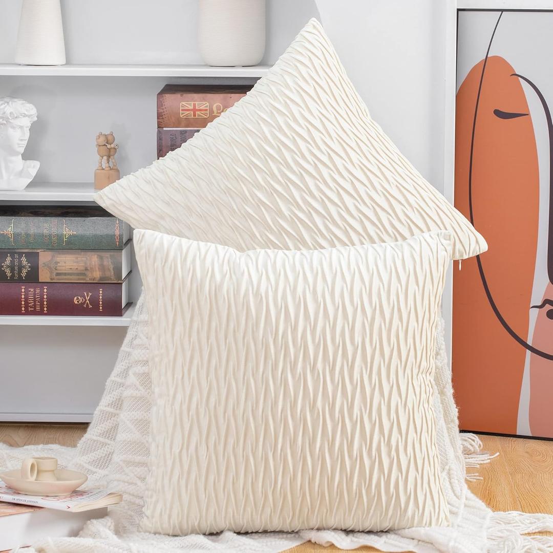 MADIZZ Set of 2 Super Soft Velvet Decorative Throw Pillow Covers 12x12 inch White Square with Texture Luxury Style Cushion Case Pillow Shell for Sofa Bedroom