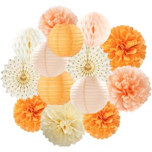 Beige-Orange Peach Fall Party-Decorations Paper-Lanterns- 14pcs Autumn Thanksgiving Harvest Birthday Boho Streamers Fan,Tissue Pom Poms, Baby Bridal Shower Wedding Engagement Decor Lasting Surprise