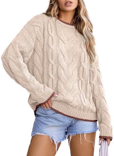 EVALESS Sweaters for Women Trendy Crewneck Long Sleeve Color Block Sweater Tops Casual Fall 2025 Chunky Cable Knit Pullover Sweaters Comfy Warm Loose Fit Clothes Beige Large