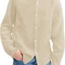 Mafulus Boys Button Down Linen Shirt Long Sleeve Mandarin Collar Loose Fit Casual School Summer Top (9-10 Years, Beige)