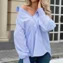 OMSJ Womens Striped Button Down Shirts Smocked Cuffed Sleeve Stylish Collared Office Work Blouses with Pocket (M)