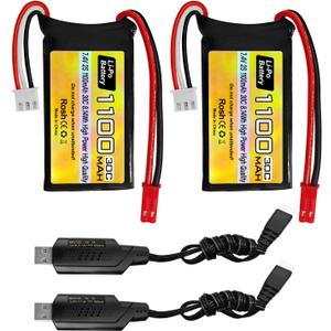 2PCS 7.4V Lipo Battery 2S 30C 1100mAh JST Plug Rechargeable Battery for WLtoys A949 A959 A969 A979 RC toy Car Compatible With Most 1/10,1/16,1/18,1/24 Ratio RC Cars Trucks, With USB Charging Cable