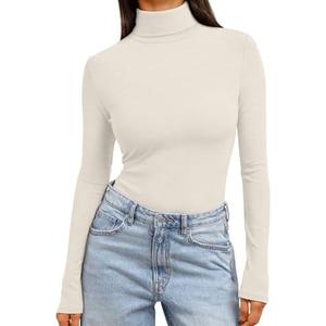 Trendy Queen Women's Turtleneck Long Sleeve Shirts Spring Fashion Basic Thermal Underwear Tops Winter Clothes 2026, L, Beige