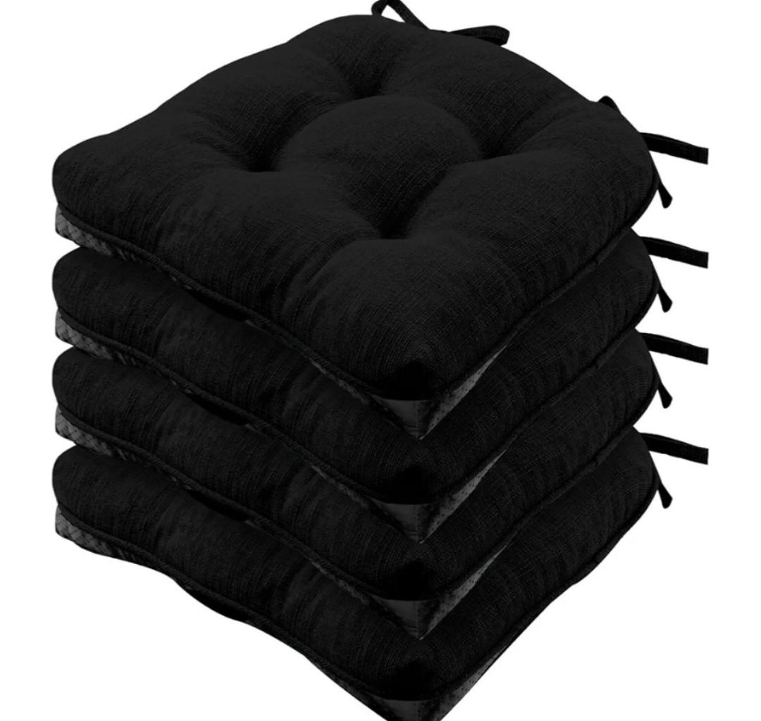 Wellsin Chair Cushions for Dining Chairs, Non-Slip Kitchen Chair Pads with Ties, Tufted Shredded Foam Kitchen Chair Cushions Set of 3 15.5" X 15.5", Black