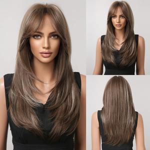 HAIRCUBE Dark Brown Wigs for Women,Long Layered Brown with Highlight Wigs with Bangs Heat Resistant Synthetic Fibre Wigs(pelucas de cabello natural)
