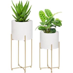 Sinolodo Modern Planter for Indoor Plants Pack of 2, White Plant Pots with Gold Stand, Mid Century Round Flower Vase Container for Living Room, Porch, Office(8''&7'' Pot, White & Gold)