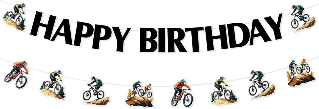 Mountain Bike Birthday Banners, BMX Bicycle Birthday Decorations for Teens Adults, Sports Racing Bikes Theme Party Supplies Pre-strung