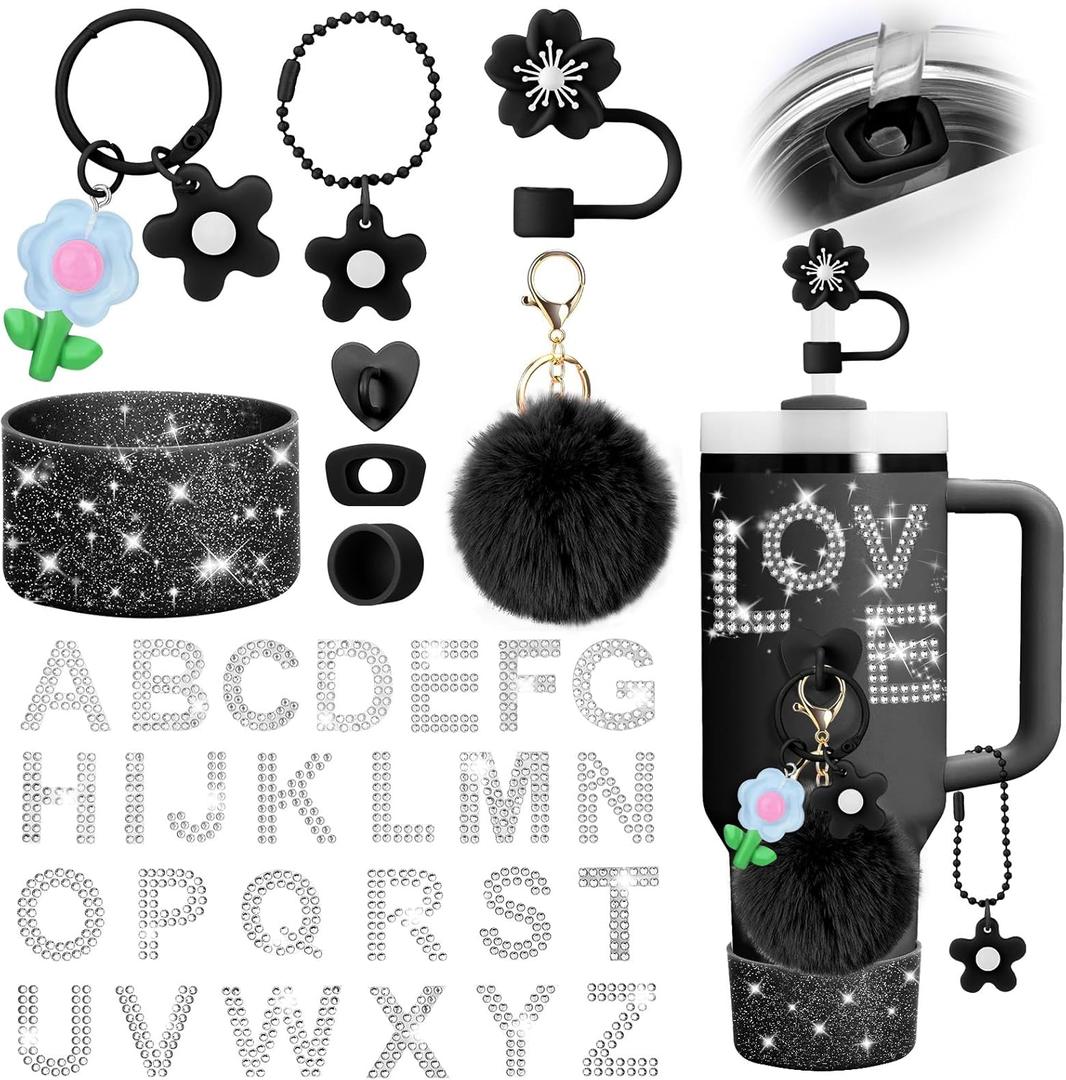 Mity rain Cup Accessories Set for Stanley cup 30oz 40oz tumbler with handle, Including A-Z Initial Letter Waterproof Diamond Sticker, Straw Topper, Spill Proof Stopper, Flower Charms, Boot (Black)