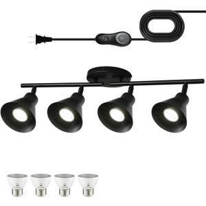 Black 4 Light Plug in Ceiling Light Fixture,Modern Plug in Track Lighting,16.4ft Cord with Timer & Dimming Switch,3 Way Ceiling Spot Lighting,Flexibly Rotatable Light HeadDimmable LED Bulbs Included