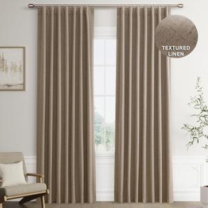 Joywell Light Brown Linen 100% Blackout Curtains 84 Inch Long, Rod Pocket/Back Tab/Hook Belt/Clip Rings,Thermal Insulated Drapes for Bedroom Living Room with Hooks,2 Panels,52 x 84