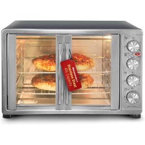 Elite Gourmet ETO4510MX French Door 47.5Qt, 18-Slice Convection Oven 4-Control Knobs, Bake Broil Toast Rotisserie Keep Warm, Includes 2 x 14" Pizza Racks, Stainless Steel, 18-slice, 45l