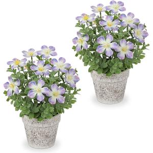 GnFlus Artificial Flower in Rustic Pot Purple Fake Cherry Blossom with Leaves Potted Plant Farmhouse Spring Decor for Home Living Room Shelf Decor Enterway Table Decoration 2 Pack