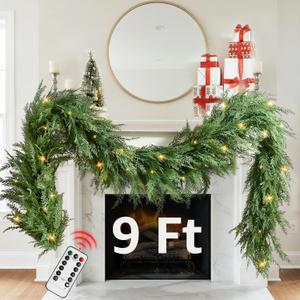 Christmas Cedar Garland Realistic with Lights - Cypress Decorations 9ft for Mantle Lighted Faux Pine Garlands for Xmas Home Decoration Indoor Stairs Railing Fireplace 9 Ft Outdoor Prelit Door Decor