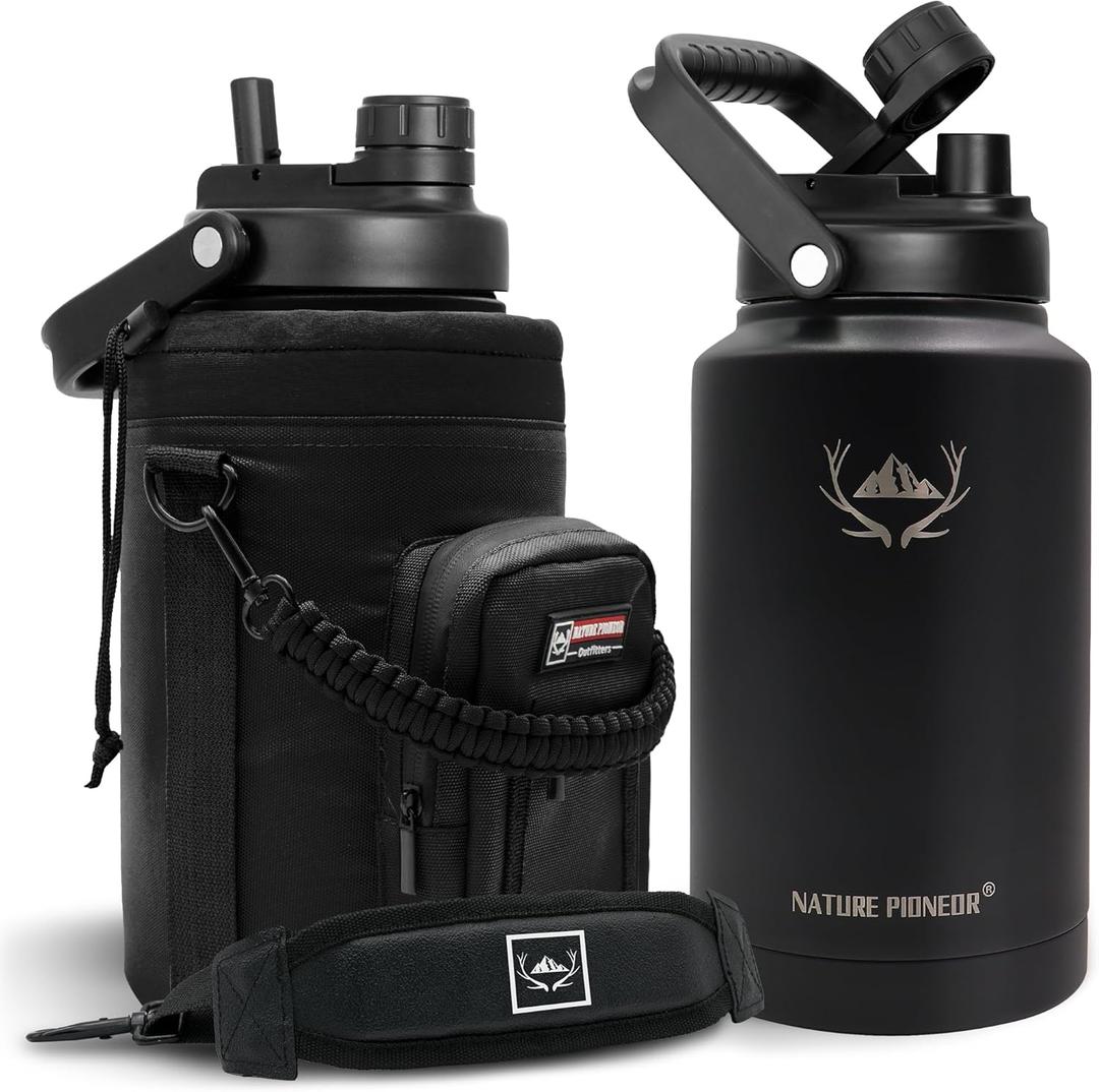 NATURE PIONEOR One Gallon Water Bottle Insulated - Large Double Vacuum Stainless Steel 128 oz Water Bottle with Holder/Carrier, 1 Gallon Water Jug 2 in 1 LID, Flip Straw and Spout, Wide Mouth (Black)