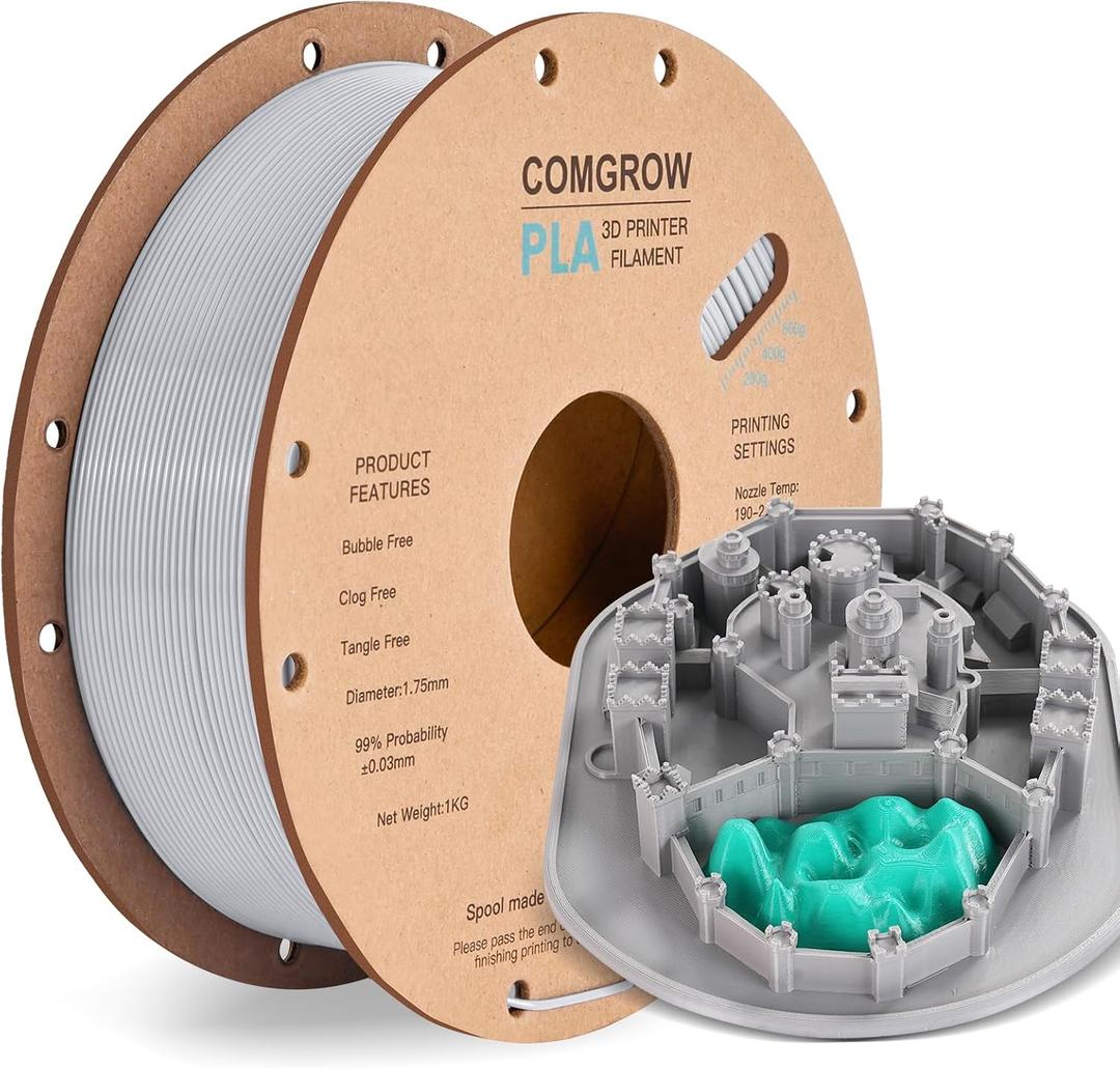 Comgrow PLA 3D Printer Filament, 3D Printer PLA Filament 1.75mm, Dimensional Accuracy +/- 0.02 mm, 1KG Spool PLA Grey