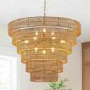 31.5 Large Boho Rattan Chandelier Light Fixture, 12-Light Golden Hand Woven Chandeliers 6-Tier Vintage Farmhouse Wicker Gold Chandelier for Dining Room, Kitchen, Bedroom, Living Room, Foyer