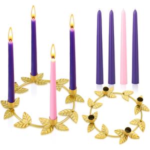 Christmas Advent Wreath Candle Holder with 4 Candles Set, Advent Wreath Ring, Metal Ring Candle Stand Purple & Pink 10 x 7/8'' Taper Candles for Christmas Home Church Table Centerpiece Decor(Gold)