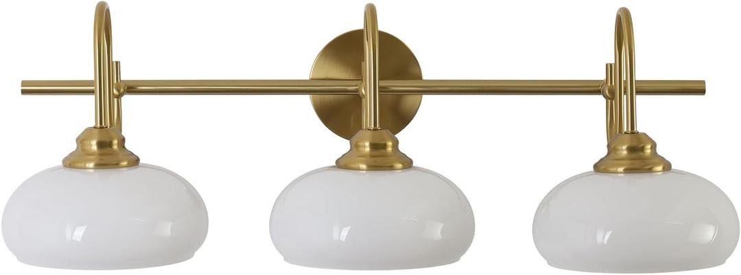 KCO Lighting Milk Glass Bathroom Vanity Light Gold White Globe Sconce 3 Light Vanity Light Fixture Brass Gooseneck Wall Sconce Mid Century Modern Wall Light, 29.5" x 14" x 9.6"