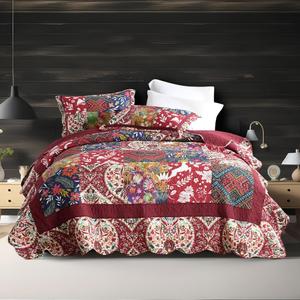 ENASAL Cotton Bedspread Quilt Sets Reversible Bedding Coverlet Sets Comforters Vintage Luxury Damask Floral Real Patchwork Burgundy Bedspread, King Size