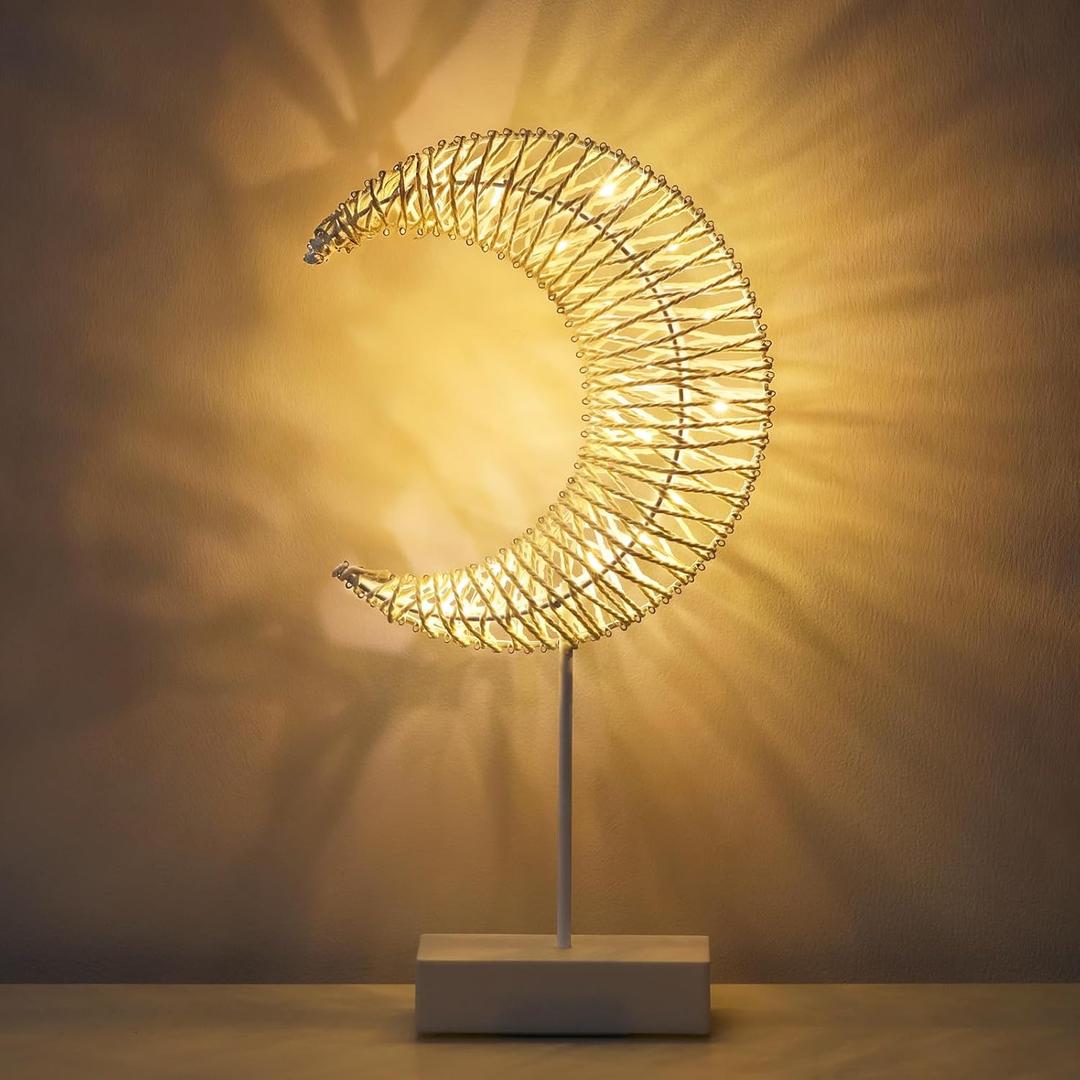 Lewondr Ramadan Decorations Moon Table Lamp, Moon Shape Rattan Ramadan Desk Lamp Battery Powered Light, Winding Thread LED Crescent Light for Home Bedroom Bedside Desktop Eid Mubarak Decorations