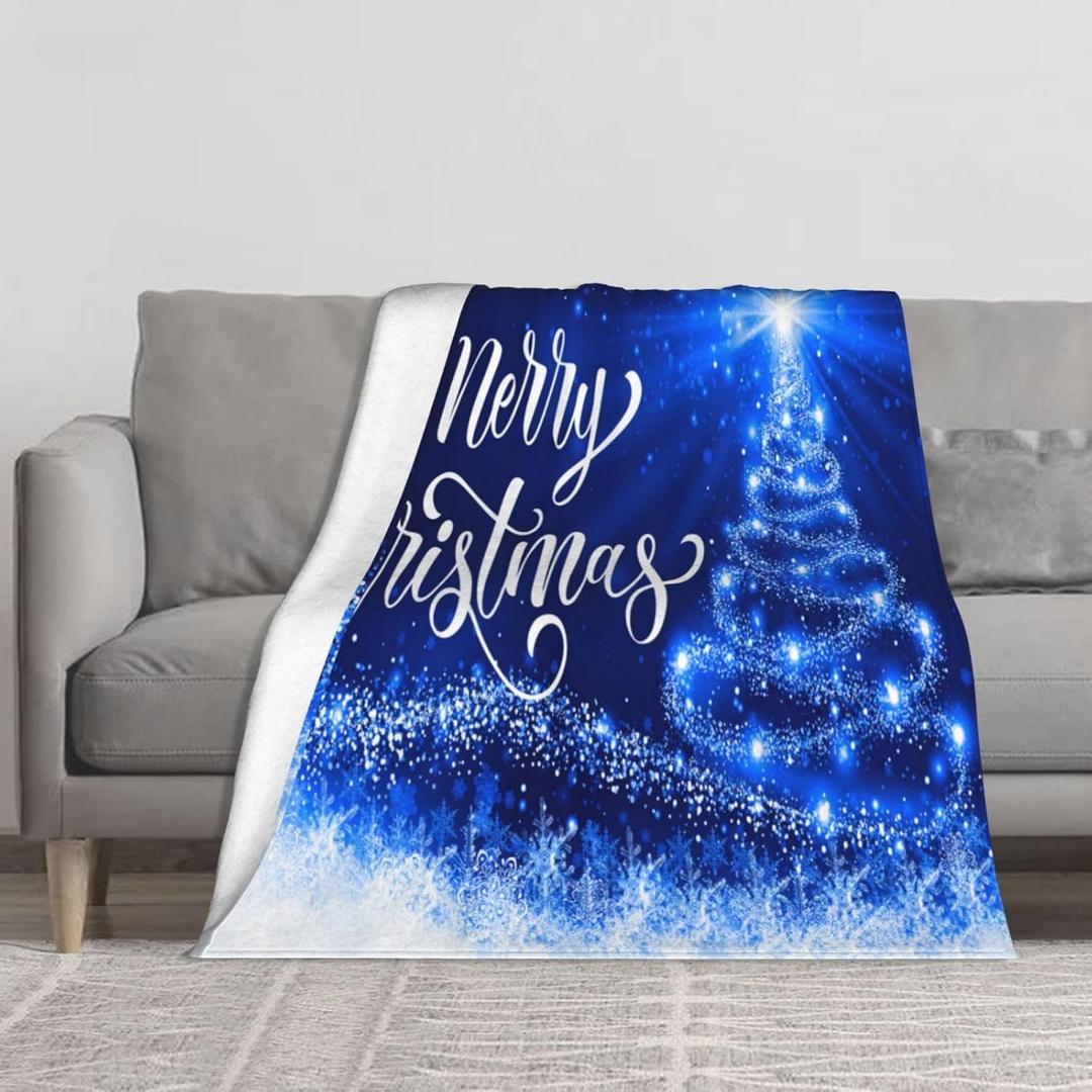 Throw Blanket Merry Christmas Blue Snow Tree Bed 50 X 60 Inch Soft Lightweight Fluffy Warm for Sofa Couch All Seasons Cozy Cover Quilt (A061)