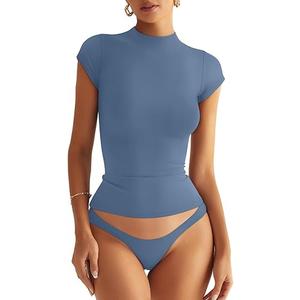 Women's Double Lined Mock Turtle Neck Tops Slim Fitted Cap Sleeve Shirts Going Out Tees Y2k Summer Clothes 2025, L