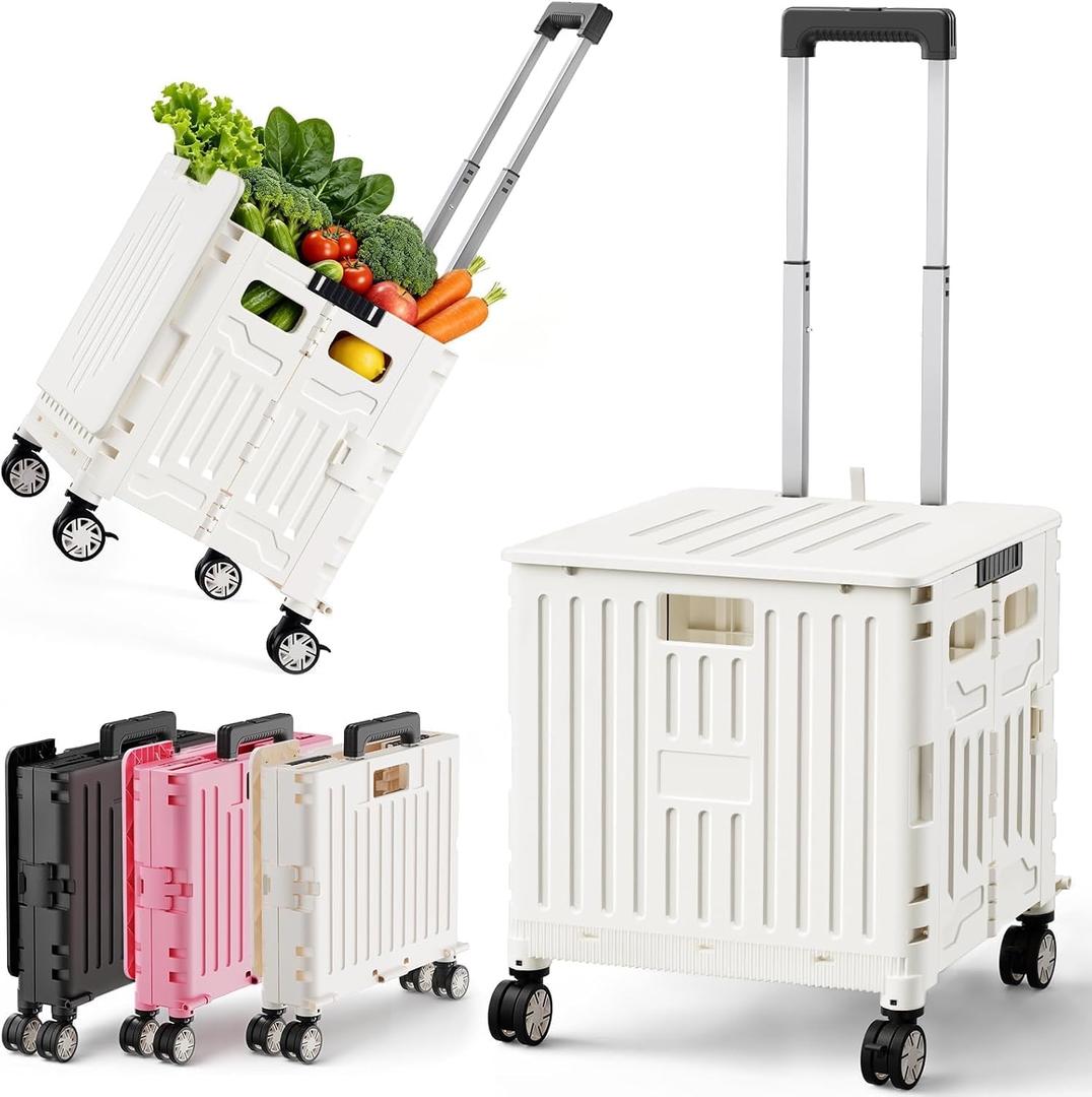 SUNALLY Folding Utility Cart Rolling Crate Handcart Shopping Trolley, White