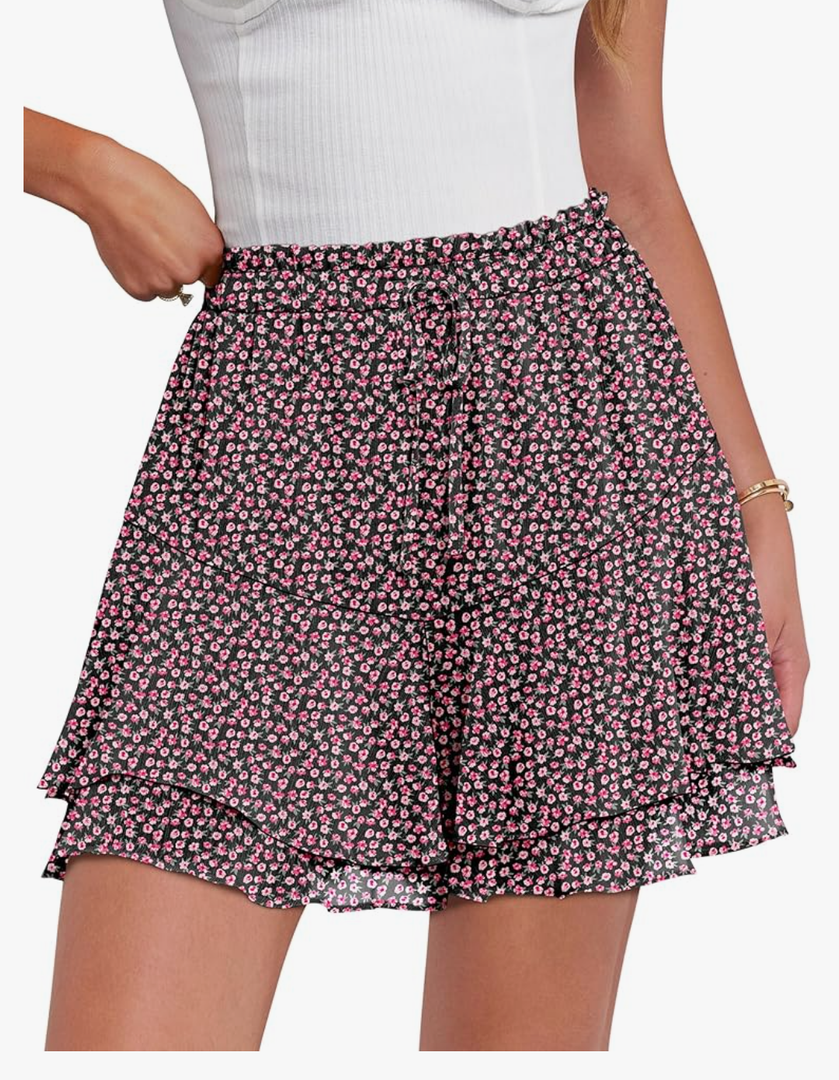 Caracilia Skorts for Women Boho Casual Beach Mini Skirts Summer Floral Ruffle Chiffon Flowy Shorts 2025 Trendy Outfits S
