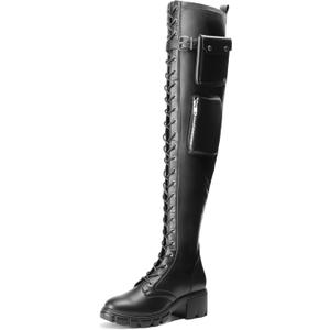 JustFab Thigh High Boots for Women - Black Faux Leather Over-the-Knee Boots with Chunky Heel - Jordane (12)