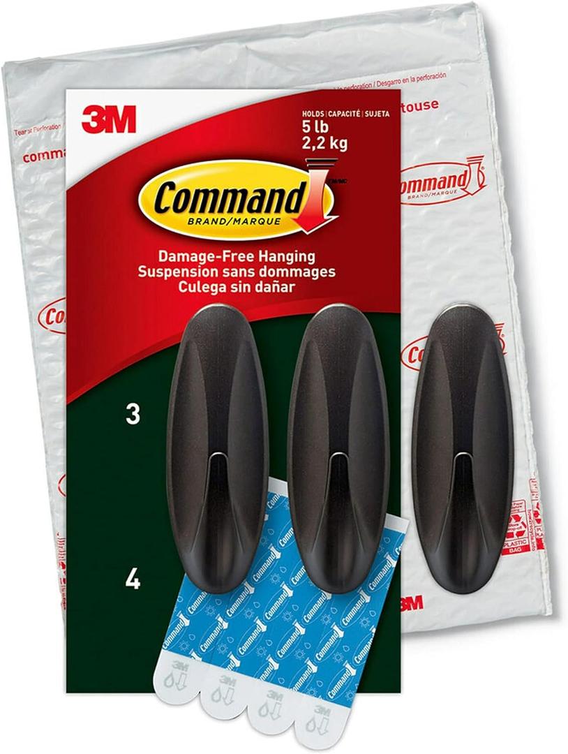 Command Outdoor Large Bronze Hooks, Holds 5 lb, 3 Hooks 4 Strips, Damage-Free, Weather Resistant for Hanging Decor