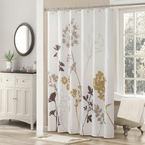 Silhouette Cream Flower Fabric Leaves Plants Tan Printed Waterproof Ivory Shower Curtain,Beige Floral Brown Bathroom Curtains,72" W x 78" L
