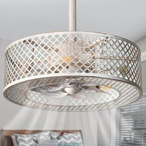 REDSTAR Caged Ceiling Fans with Lights, White Industrial Ceiling Fan with Light and Remote, Farmhouse Ceiling Fan Light for Living Room, Bedroom, Kitchen (Modern Minimalist W)