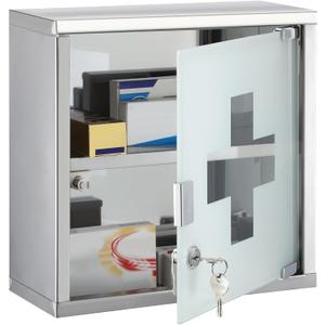 Timgle First Aid Wall Cabinet with Lock Medicine Wall Mounted Bathroom Storage Hanging Medical Cabinet with Safety Glass Door for Bathroom(2 Shelves,Silver)