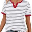 LilyCoco Women's Striped Shirt Short Sleeve Color Block Tops Notched Neck Summer Tee White Medium (M)
