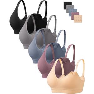 HBselect Nursing Bras for Breastfeeding Women Maternity Bras Seamless Wireless Pregnancy Sleep Bra with Bra Extenders (Medium, 5pack(black/Grey/Blue/Purplebean/Nude))