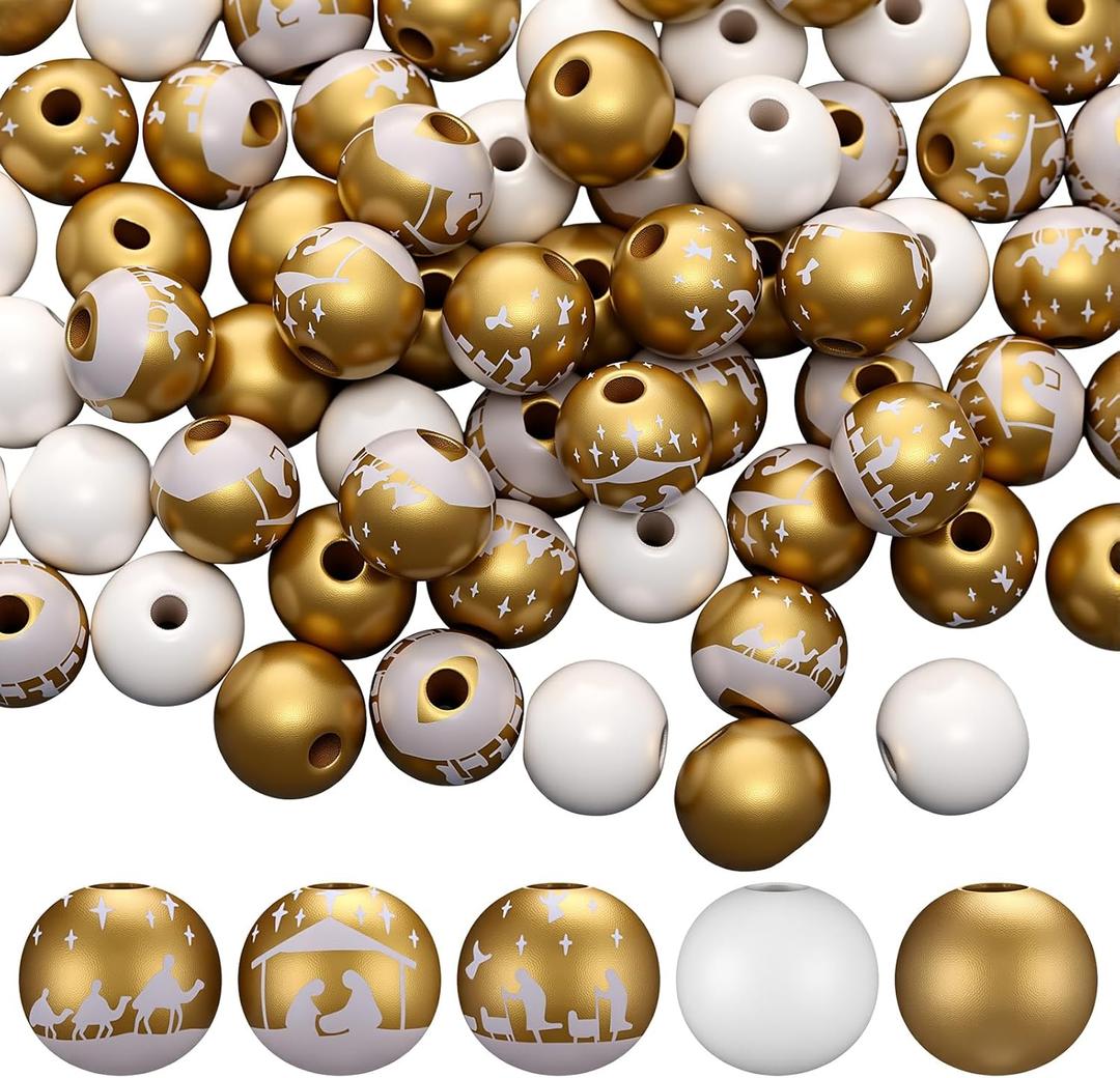 Bucherry 120 Pcs 16 mm Christmas Wooden Jesus Beads Nativity Wooden Craft Loose Advent Spacer Beads for DIY Christmas Ornaments Jewelry Making Home Wall Hanging Garland Holiday Decoration(Gold)