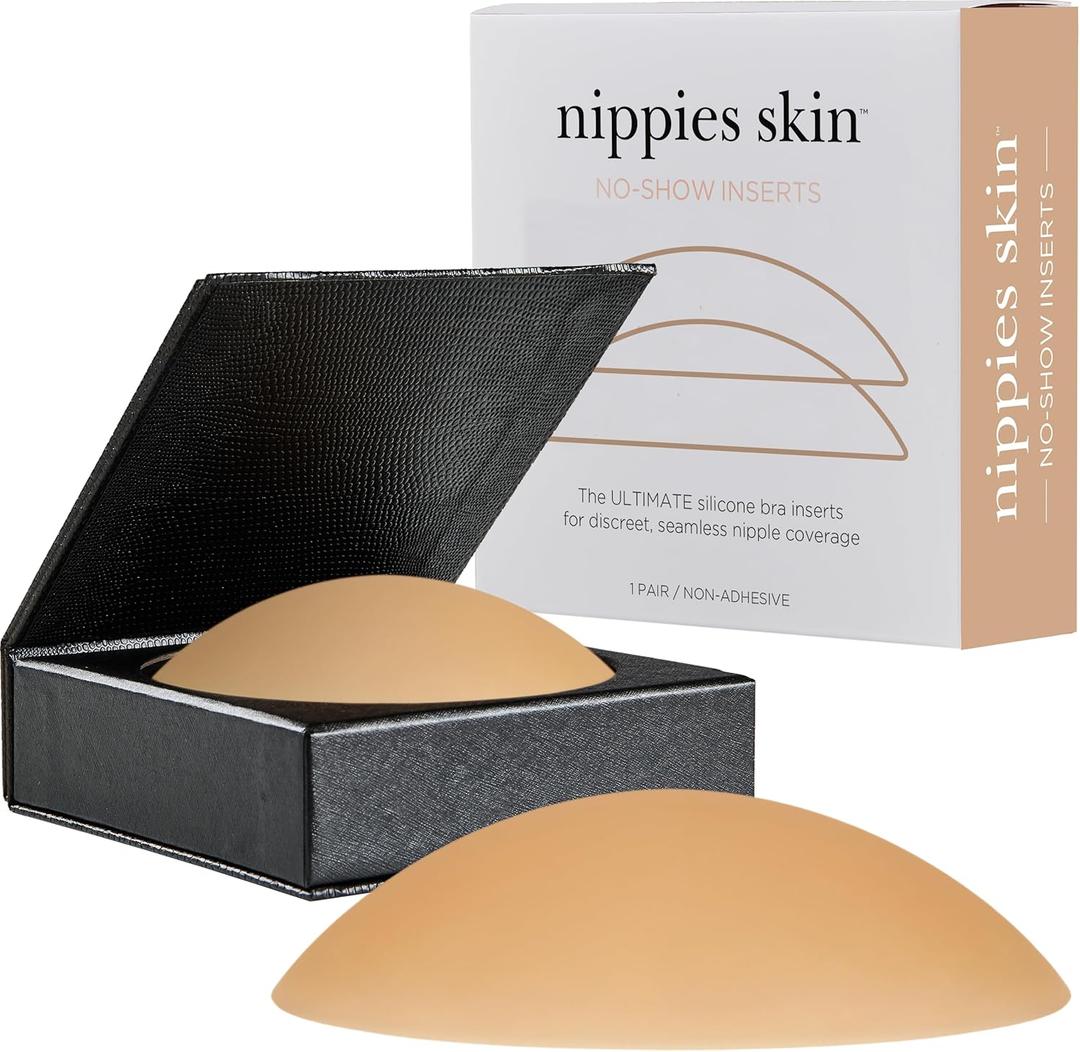 Nippies Non-Adhesive Bra Liner Nipple Covers for Women  Reusable Silicone No-Show Inserts with Travel Box (Size 2 (Fits D+ Cups), Caramel)