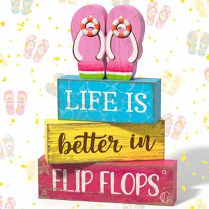 Yuntau 4 Pcs Summer Decorations for Office Hawaii Table Decorations Wooden Sign Flip Flops Table Centerpiece Summer Tiered Tray Decor Decorative Faux Book Stack Block for Coffee Mantel Floating Shelf